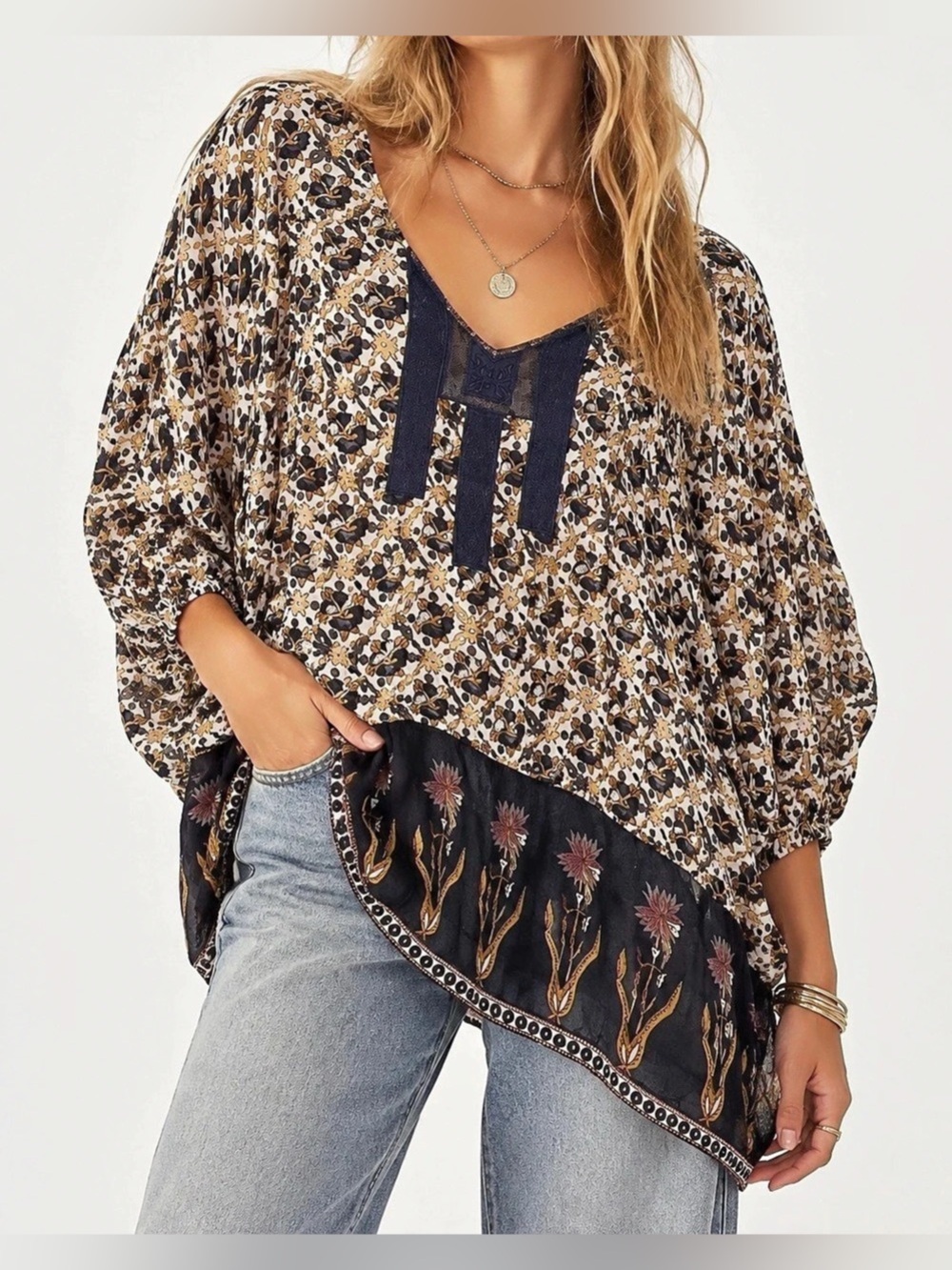 Free People Dark Combo Mixed Floral Print Cotton Tunic - Size L